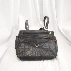 Yik Fung, black leather patchwork burgundy/green/black, purse, silver accents